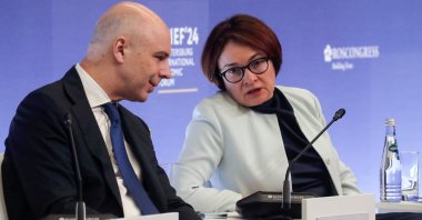 Russian Finance Minister Anton Siluanov (L) listens to Governor of the Bank of Russia Elvira Nabiullina (R) as they attend the St. Petersburg International Economic Forum (SPIEF), St. Petersburg, Russia, June 6, 2024. (EPA Photo)