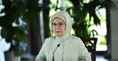 First lady Emine Erdoğan chairs the U.N. Zero Waste Advisory Board meeting online, Ankara, Türkiye, June 5, 2024. (AA Photo)