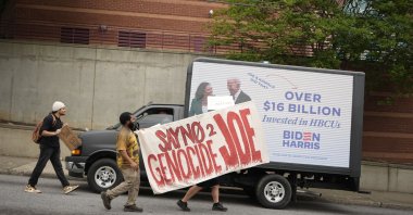 People protest near the commencement at Morehouse College, in Atlanta, U.S., May 19, 2024. (AP Photo)