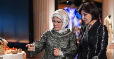 First lady Emine Erdoğan and Uzbekistan&#039;s first lady Ziroat Mirziyoyeva attend an exhibition at the Presidential Library in Ankara, June 6, 2024. (AA Photo)