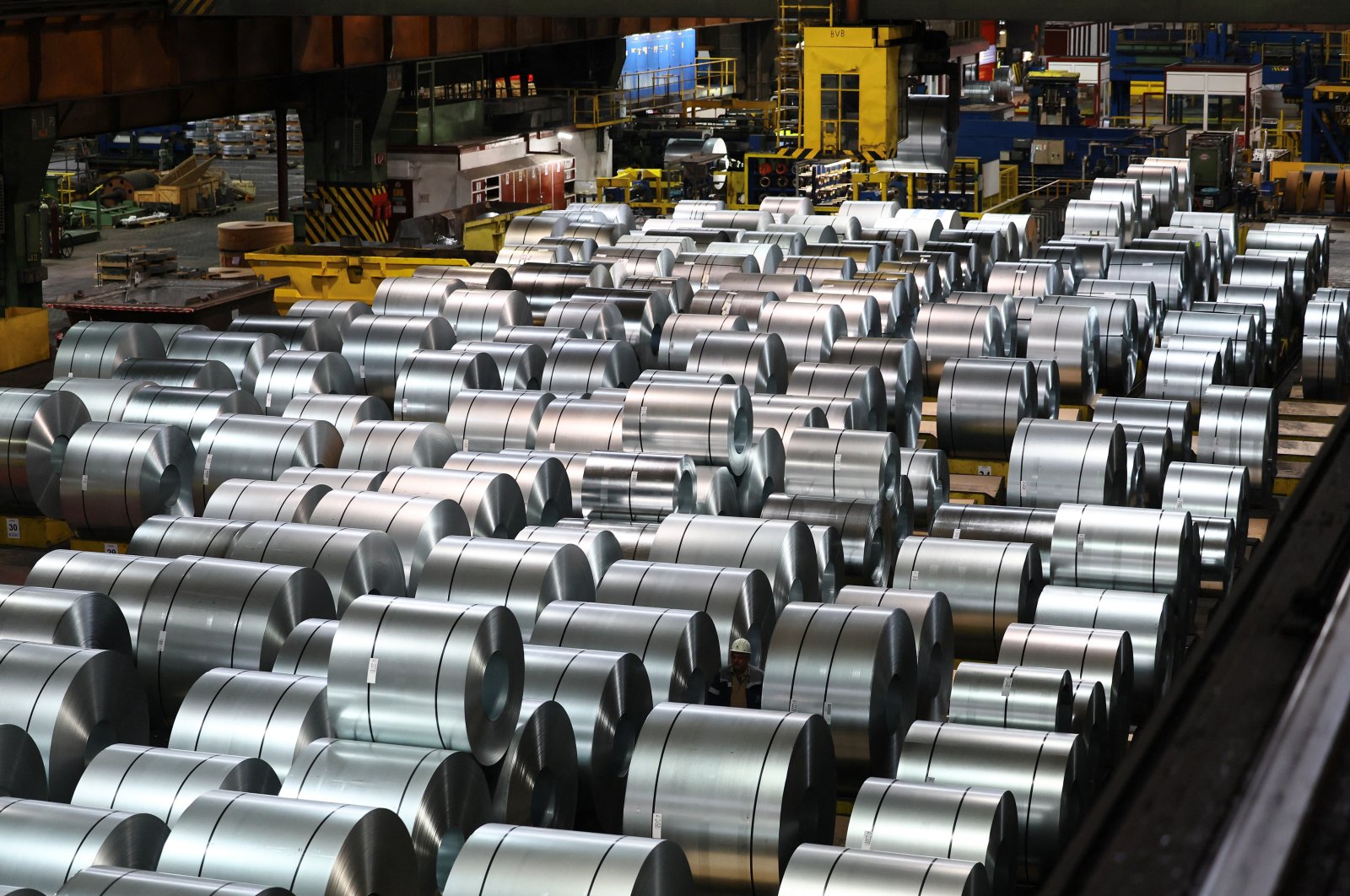 Steel coils are waiting for delivery at the storage and distribution facility of German steel maker ThyssenKrupp in Duisburg, Germany, Nov. 16, 2023. (Reuters Photo)