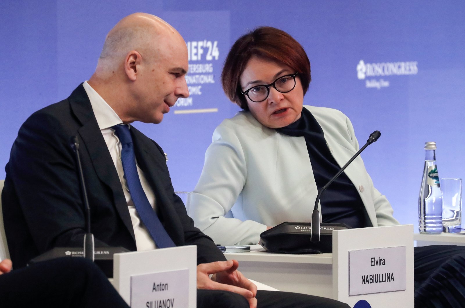 Russian Finance Minister Anton Siluanov (L) listens to Governor of the Bank of Russia Elvira Nabiullina (R) as they attend the St. Petersburg International Economic Forum (SPIEF), St. Petersburg, Russia, June 6, 2024. (EPA Photo)