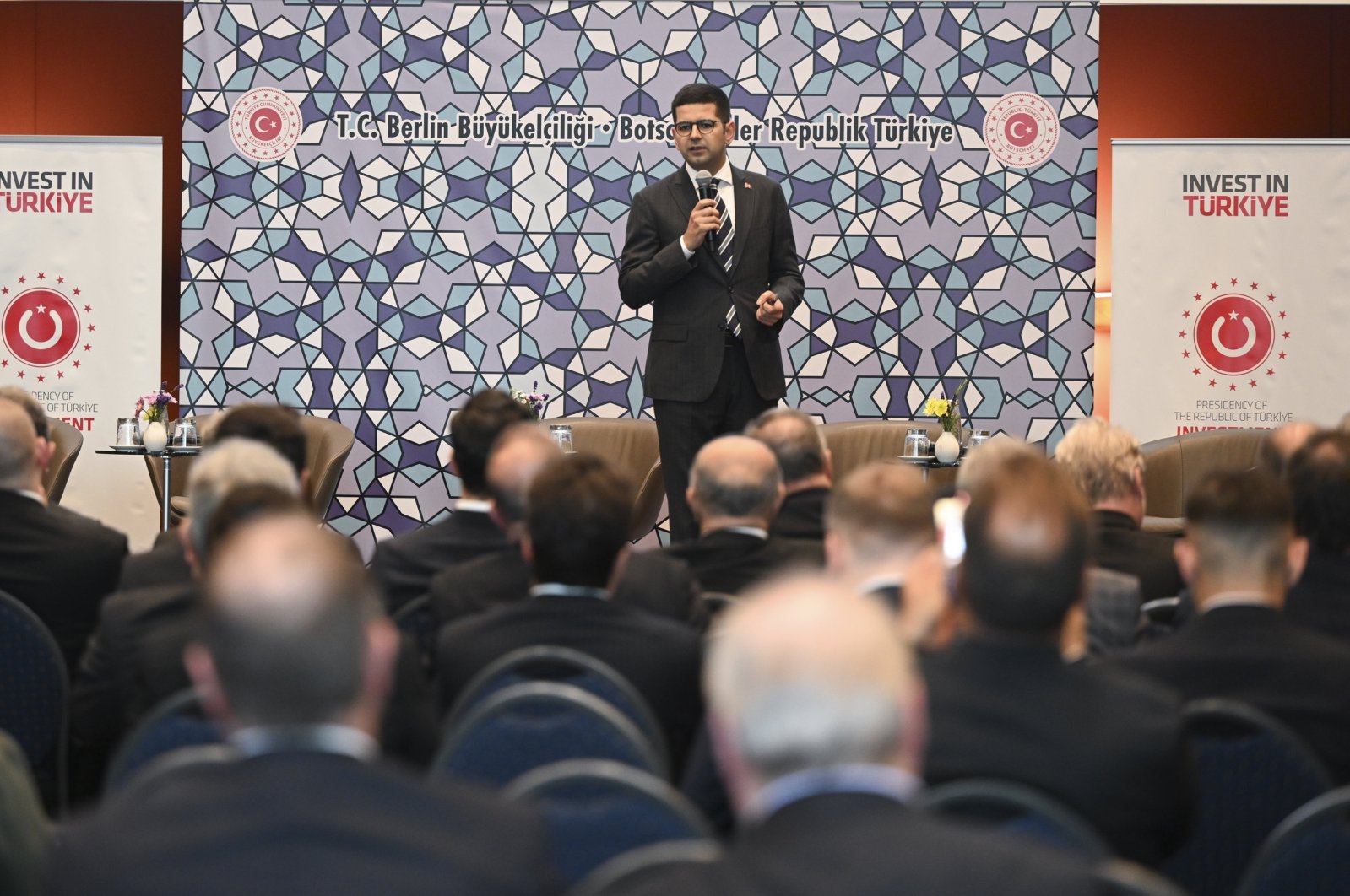 The head of the Presidency's Investment Office Burak Dağlığlu delivers a speech at a conference in Berlin, Germany, June 6, 2024. (AA Photo)