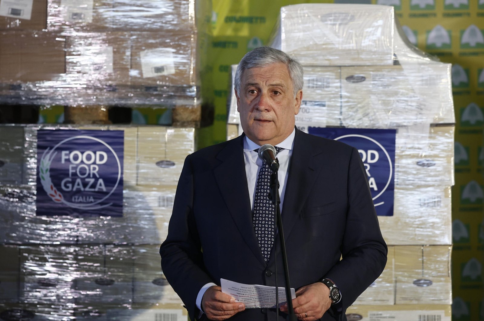 Italian Foreign Minister Antonio Tajani visits the 'Food for Gaza' initiative warehouses in Nepi, near Viterbo, Italy, June 3 2024. (EPA Photo)