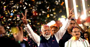 Bharatiya Janata Party (BJP) leader and Indian Prime Minister Narendra Modi (C)  arrives at the party headquarters to deliver a victory speech, New Delhi, India, June 4, 2024. (EPA Photo)