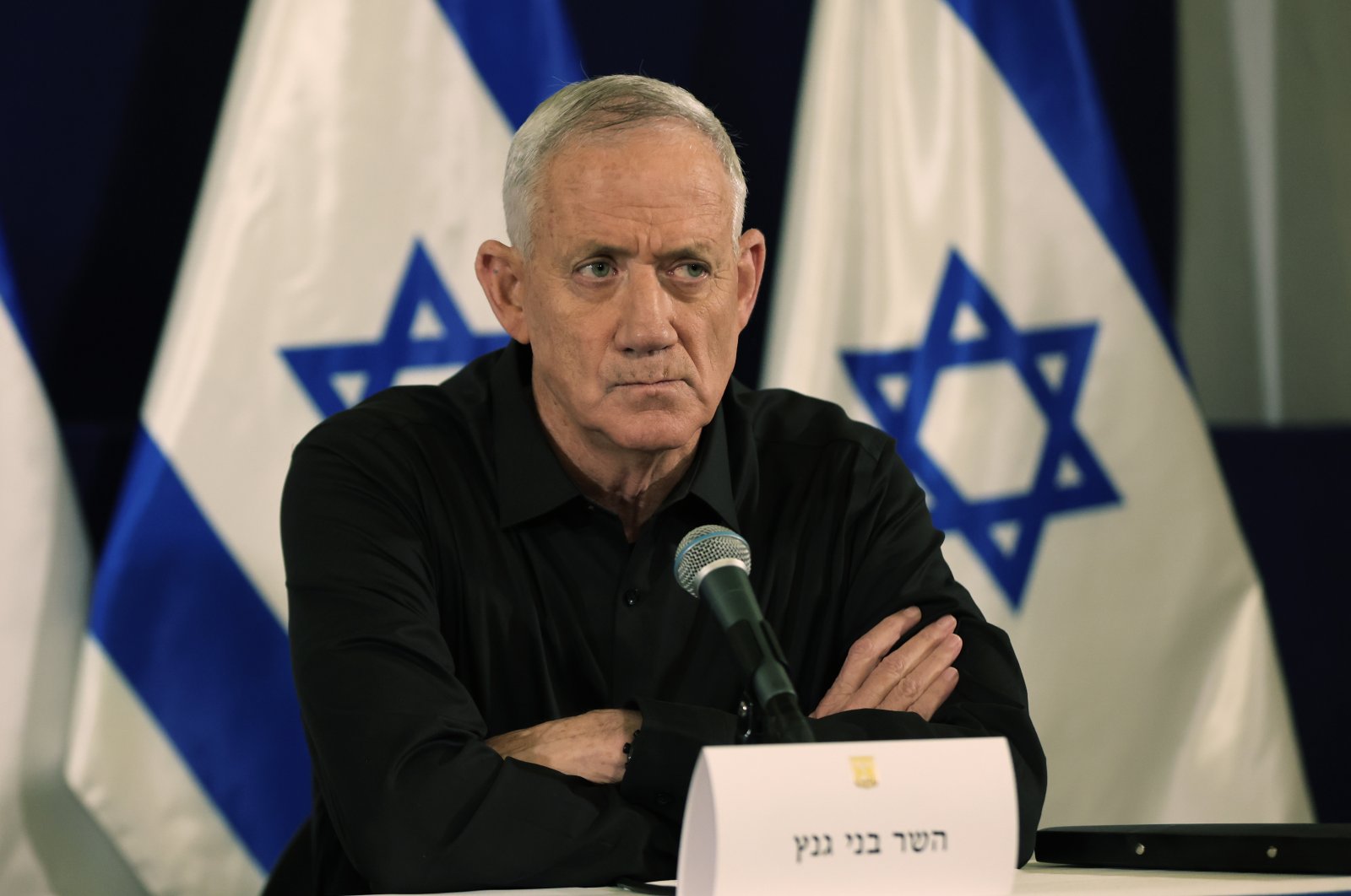 Israeli Cabinet Minister Benny Gantz looks on during a press conference at a military base, Tel Aviv, Israel, Oct. 28, 2023. (EPA Photo)