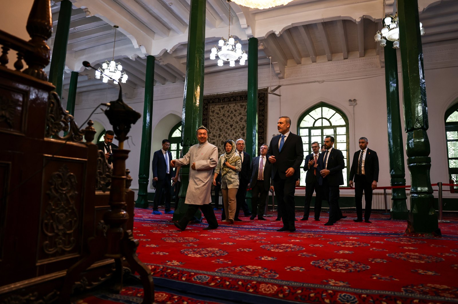 Foreign Minister Hakan Fidan and his delegation pay a visit to a mosque in Kashgar, southern Xinjiang, China, June 5, 2024. (AA Photo)