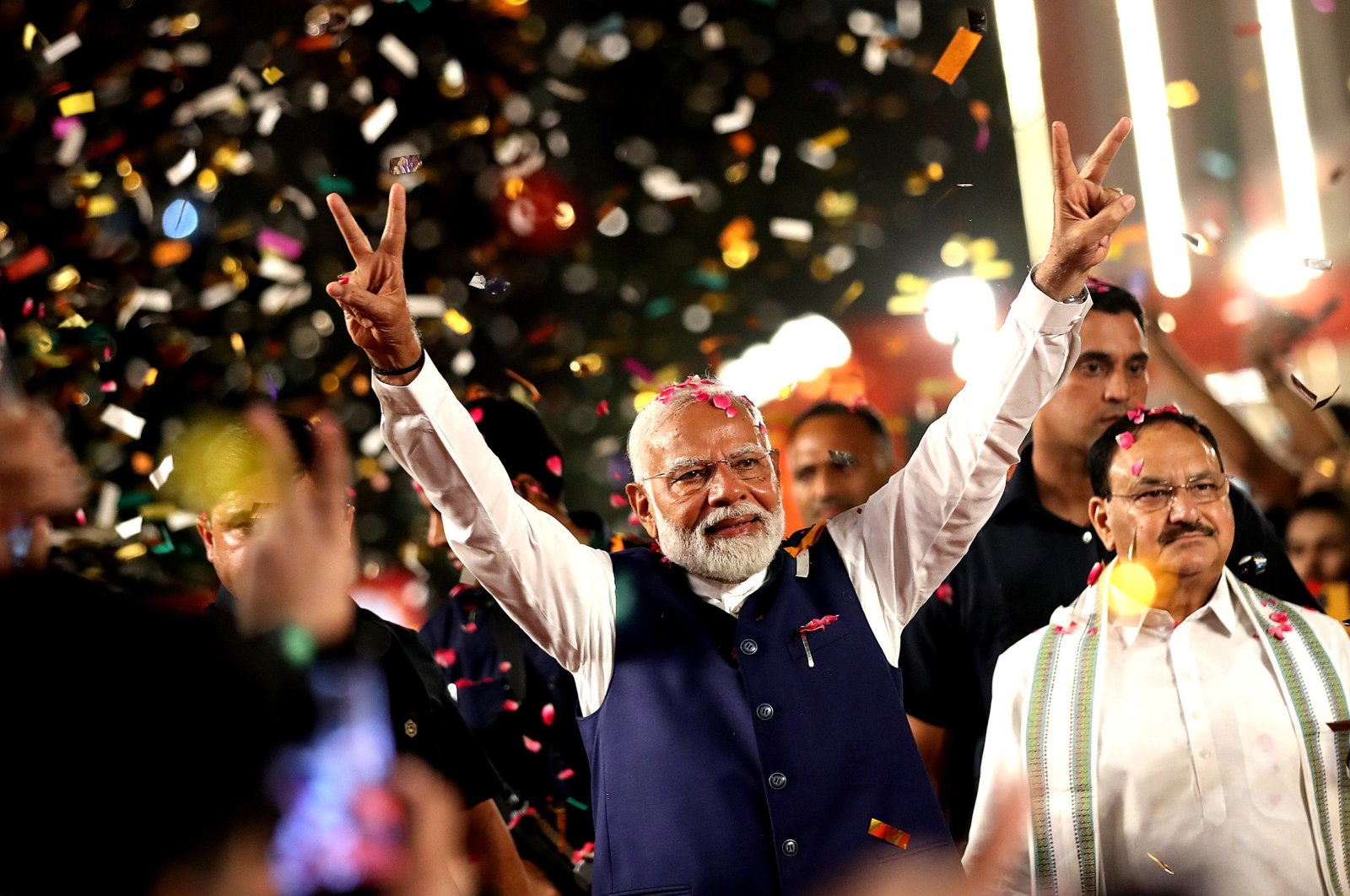 Bharatiya Janata Party (BJP) leader and Indian Prime Minister Narendra Modi (C)  arrives at the party headquarters to deliver a victory speech, New Delhi, India, June 4, 2024. (EPA Photo)