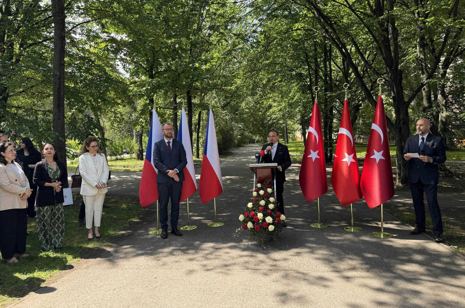 Turkish Ambassador to Prague Egemen Bağış speaks at the opening ceremony of the Czech-Turkish Cooperation Park in the capital Prague, Czech Republic, June 6, 2024. (AA Photo)