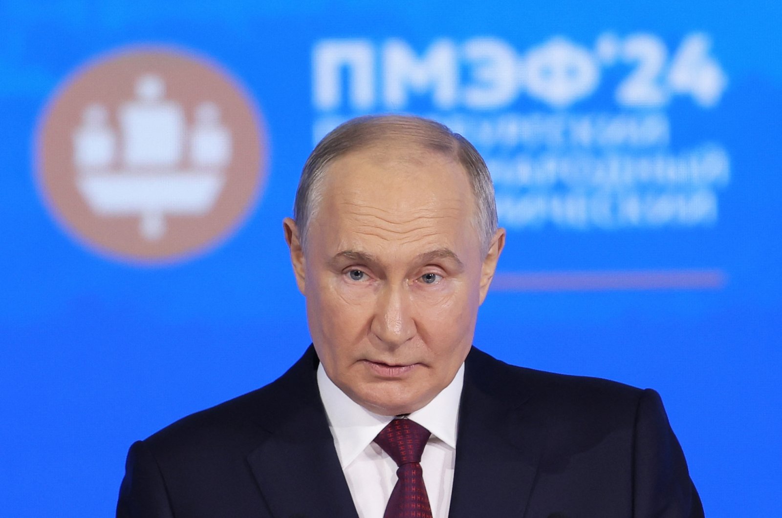 Russia&#039;s President Vladimir Putin delivers a speech during the Saint Petersburg International Economic Forum (SPIEF) in Saint Petersburg on June 7, 2024. (AFP Photo)