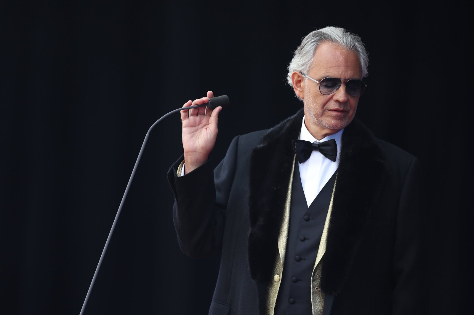 Italian tenor Andrea Bocelli performs during the official naming ceremony for the Cunard cruise ship the Queen Anne in Liverpool, Britain, June 3, 2024. (EPA Photo)