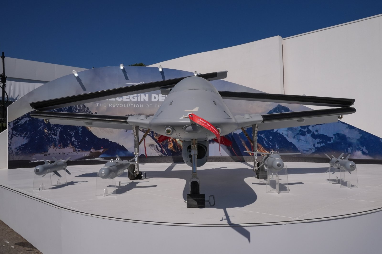 The Bayraktar TB3 unmanned combat aerial vehicle is displayed within the scope of major millitary exercise Efes-2024, Izmir, western Türkiye, May 28, 2024. (AA Photo)