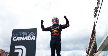 Oracle Red Bull Racing&#039;s Dutch driver Max Verstappen celebrates in parc ferme during the F1 Grand Prix of Canada at Circuit Gilles Villeneuve, Montreal, Quebec, Canada, June 09, 2024. (AFP Photo)