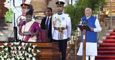 India’s Bharatiya Janata Party (BJP) leader, Narendra Modi (R) takes the oath of office for a third term as the country's Prime Minister during the oath-taking ceremony administered by President Droupadi Murmu (2L) at presidential palace Rashtrapati Bhavan in New Delhi, India, June 9, 2024. (AFP Photo)