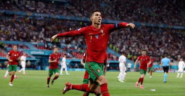 Portugal&#039;s Cristiano Ronaldo celebrates scoring their second goal against France during the Euro 2020, Group F match at the Puskas Arena, Budapest, Hungary, June 23, 2021. (Reuters Photo)