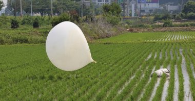 A balloon presumably sent by North Korea, is seen in a paddy field in Incheon, South Korea, Monday, June 10, 2024. (AP Photo)