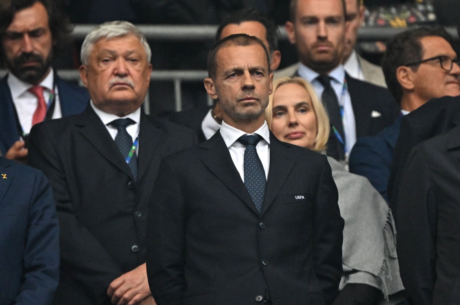 UEFA President Aleksander Ceferin (C) looks on ahead of the UEFA Champions League final football match between Borussia Dortmund and Real Madrid, at Wembley stadium, London, U.K., June 1, 2024. (AFP Photo)