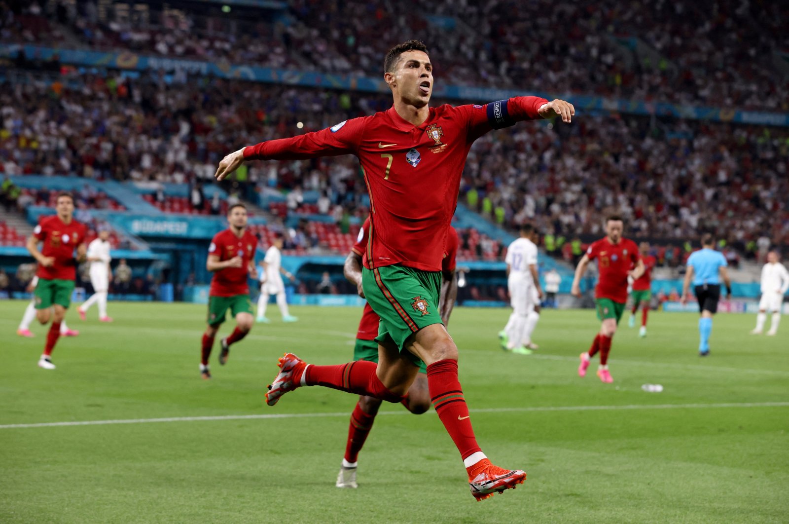 Portugal&#039;s Cristiano Ronaldo celebrates scoring their second goal against France during the Euro 2020, Group F match at the Puskas Arena, Budapest, Hungary, June 23, 2021. (Reuters Photo)
