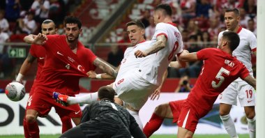 Turkish and Polish football players in action during the pre-Euro 2024 friendly matches, Warsaw, Poland, June 10, 2024. (AA Photo)