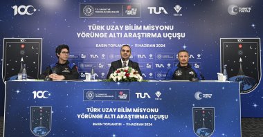 Mehmet Fatih Kacır (C), Tuva Cihangir Atasever (L) and Alper Gezeravcı (R) in the press conference, Ankara, Türkiye. June 11, 2024. (AA Photos)