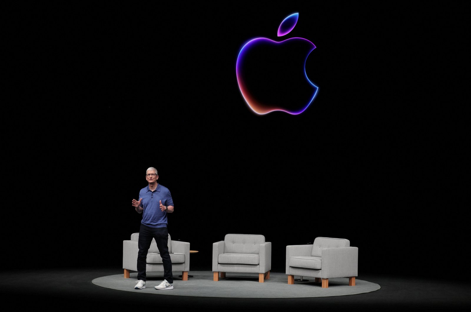 Apple CEO Tim Cook attends a panel discussion during the annual developer conference event at the company&#039;s headquarters in Cupertino, California, U.S., June 10, 2024. (Reuters Photo)