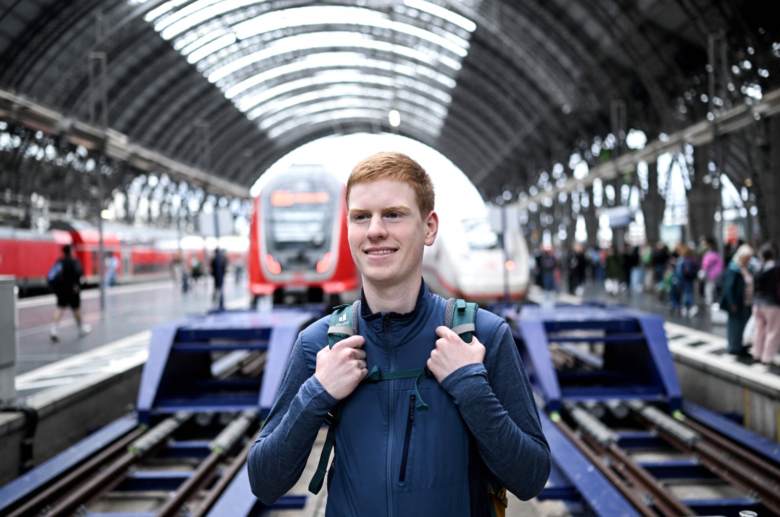 Lasse Stolley, who has been living on German trains since August 2022, poses for a photo at the main railway station in Frankfurt am Main, western Germany, May 29, 2024. (AFP Photo)