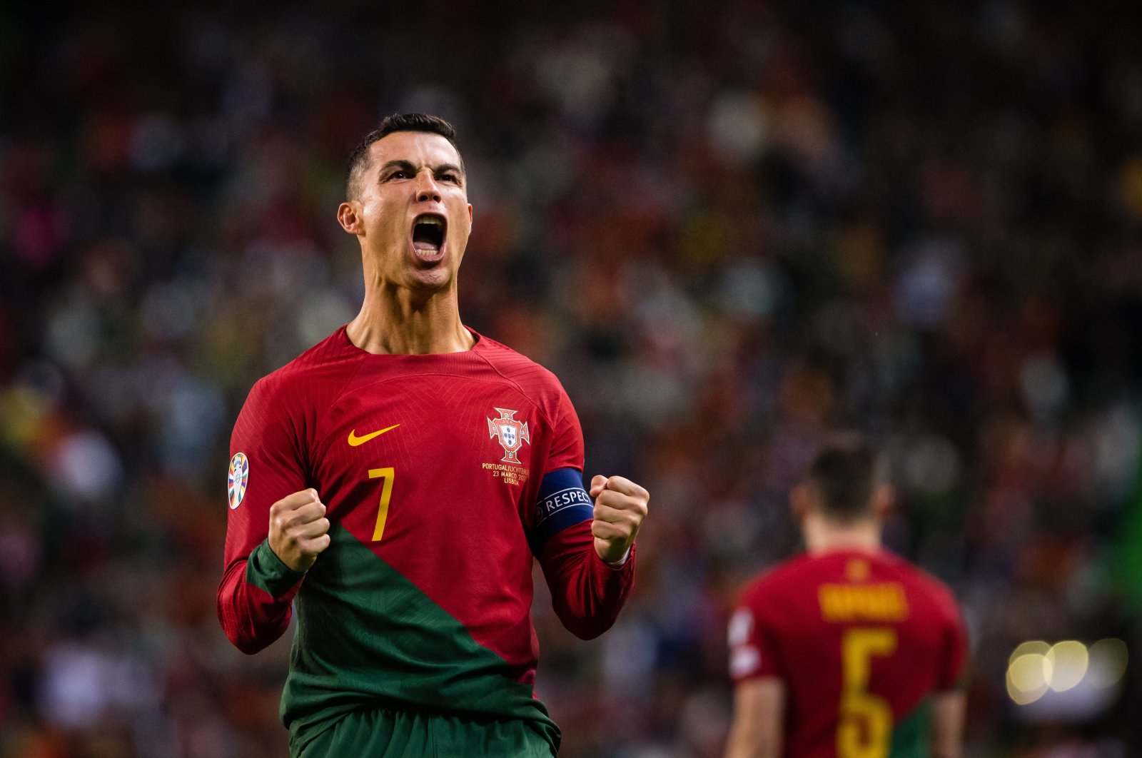 Portugal&#039;s Cristiano Ronaldo celebrates a goal during the UEFA Euro 2024 qualifying round group J match against Liechtenstein at Estadio Jose Alvalade, Lisbon, Portugal, March 23, 2023. (Getty Images Photo)