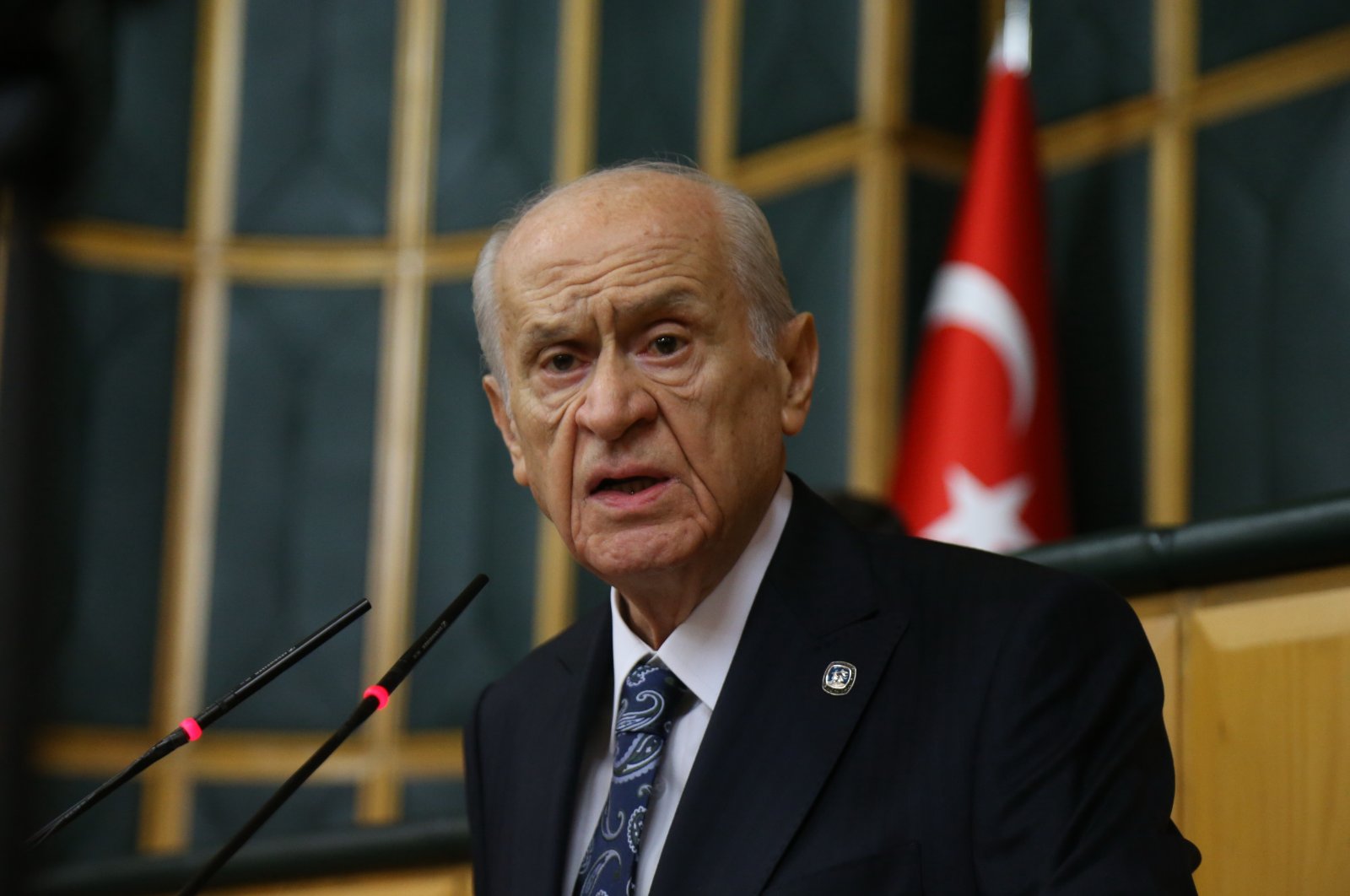 Devlet Bahçeli speaks at a parliamentary meeting of his Nationalist Movement Party (MHP) in the capital Ankara, Türkiye, June 11, 2024. (IHA Photo)