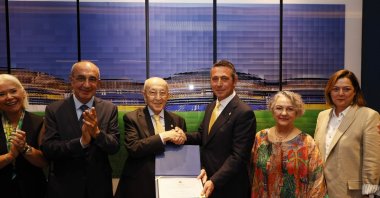 Fenerbahçe President Ali Koç (3rd R) celebrates after being reelected at the Electoral Ordinary General Assembly, Istanbul, Türkiye, June 11, 2024. (AA Photo)