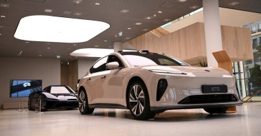 A NIO ET5 car model and the NIO EP9 sports car are pictured at the NIO House, the showroom of the Chinese premium smart electric vehicle manufacturer NIO Inc., Berlin, Germany, Aug. 17, 2023. (Reuters Photo)