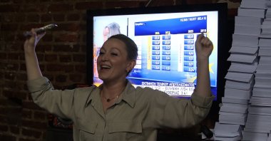 Party of Friendship, Equality and Peace (DEB) Co-Chair Çiğdem Asafoğlu gestures as her party celebrates its success in the European Parliament elections, Komotini (Gümülcine), northeastern Greece, June 9, 2024. (AA Photo)