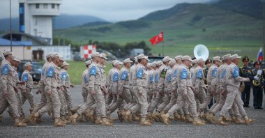 Russian service members attend a base closing ceremony in the course of peacekeeping troops&#039; withdrawal from the territory of Karabakh region and areas nearby, in Khojaly, Azerbaijan, May 15, 2024. (Reuters File Photo)