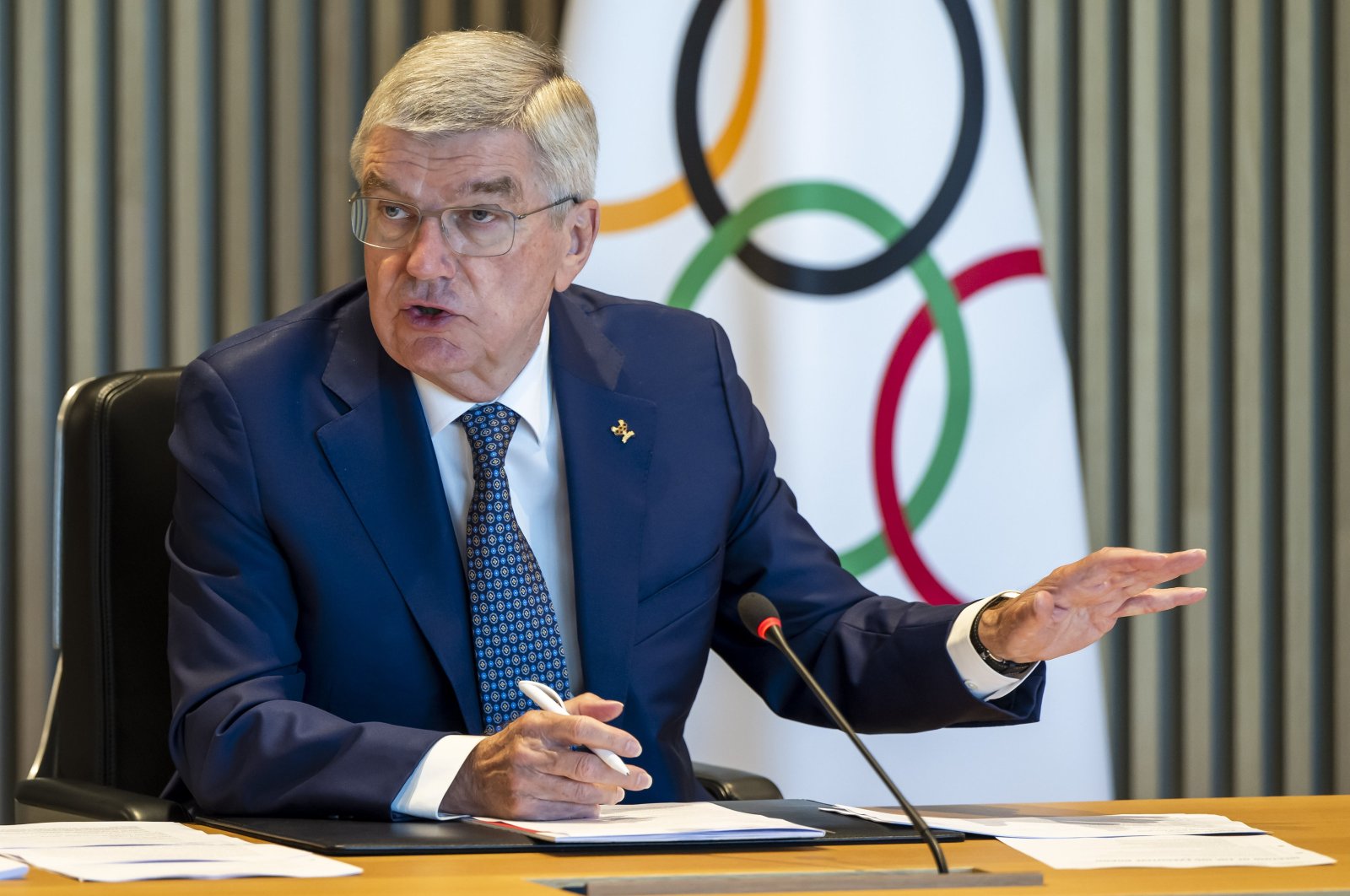 International Olympic Committee (IOC) President Thomas Bach speaks at the opening of the executive board meeting of IOC, Olympic House, Lausanne, Switzerland, June 12, 2024. (EPA Photo)