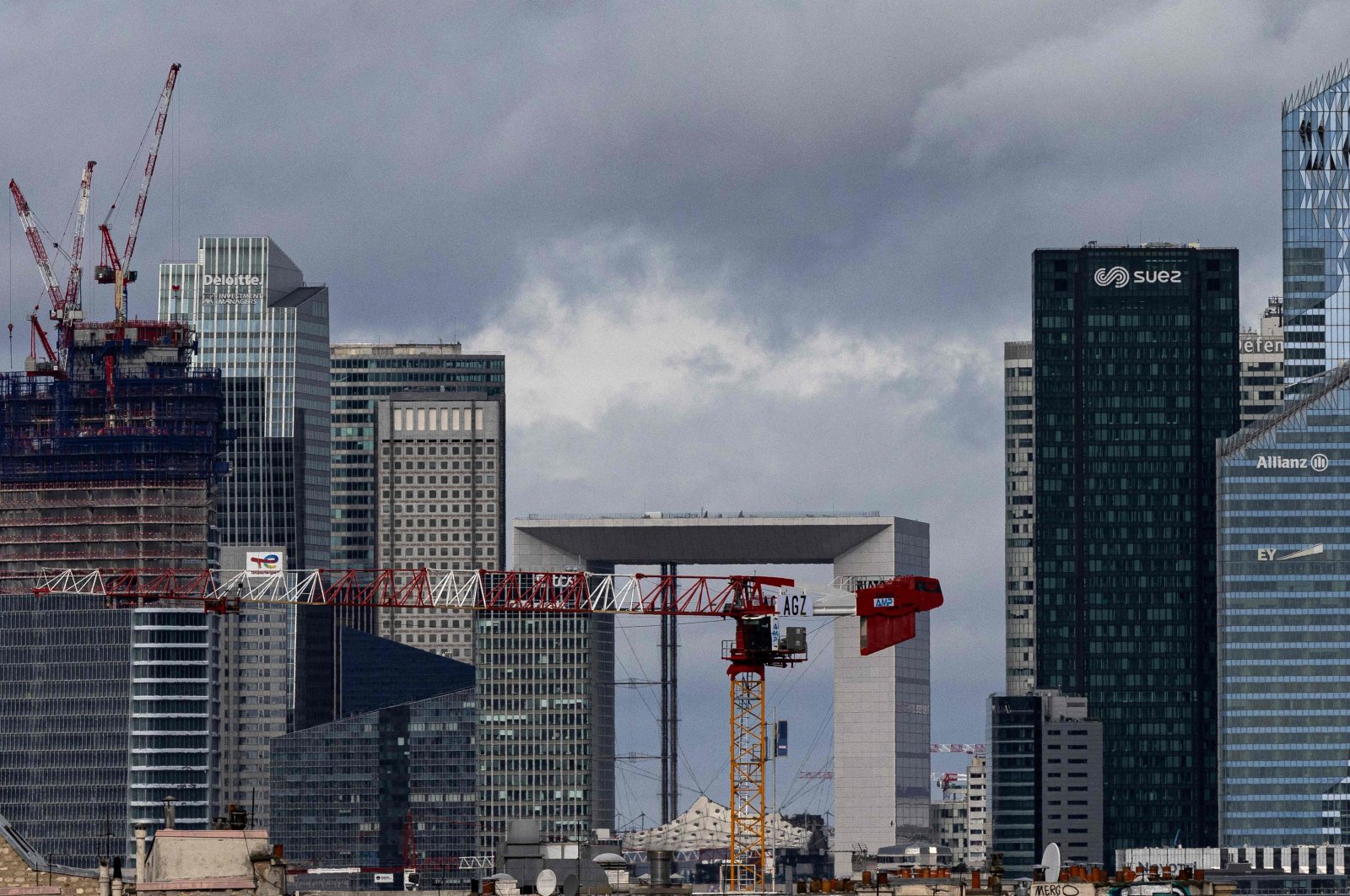 This photograph shows the Grande Arche de La Defense (C) in the La Defense business district on the western outskirts of Paris, France, March 29, 2024. (AFP Photo)