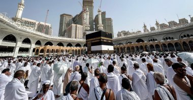 Muslim worshippers pray around the Kaaba, Islam&#039;s holiest site, at the Grand Mosque in Mecca, Saudi Arabia, on June 12, 2024. (AFP Photo)