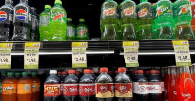 Bottles of Dr. Pepper soda are displayed on a shelf at a grocery store in San Rafael, California, June 3, 2024. (AFP Photo)