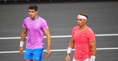 Carlos Alcaraz (L) and Rafael Nadal in action during The Netflix Slam at Michelob ULTRA Arena, Las Vegas, Nevada, U.S., March 3, 2024. (Getty Images Photo)