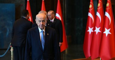 Nationalist Movement Party (MHP) Chairperson Devlet Bahçeli is seen after shaking hands with President Recep Tayyip Erdoğan at the Presidential Complex, Ankara, Türkiye, Aug. 30, 2023. (AA Photo)