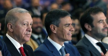 President Recep Tayyip Erdoğan attends a business forum with Spanish Prime Minister Pedro Sanchez (C), Madrid, Spain, June 13, 2024. (AA Photo)