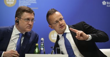 Hungarian Foreign Minister Peter Szijjarto and Russian Deputy Prime Minister Alexander Novak chat during a session of the St. Petersburg International Economic Forum (SPIEF), St. Petersburg, Russia, June 6, 2024. (AA Photo)