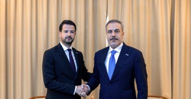 Foreign Minister Hakan Fidan and Montenegro's President Jakov Milatovic shake hands in Skopje, June 13, 2024. (IHA Photo)