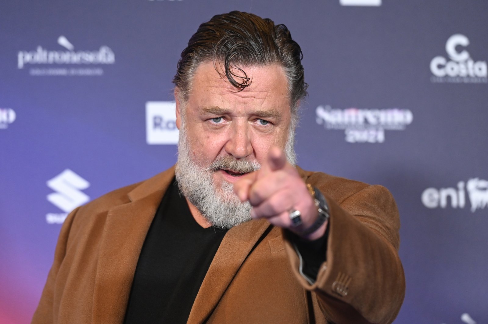 New Zealand actor Russell Crowe in the Press Room of the 74 Sanremo Music Festival, Sanremo, Italy, Feb. 7, 2024. (Getty Images Photo)