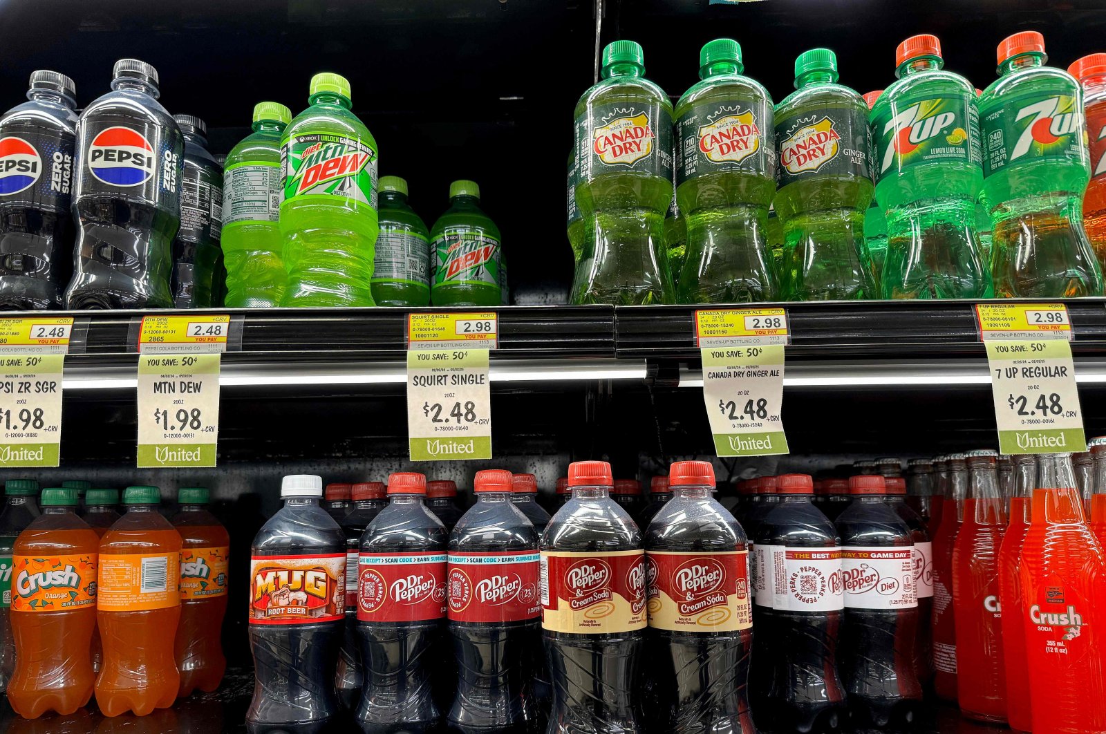 Bottles of Dr. Pepper soda are displayed on a shelf at a grocery store in San Rafael, California, June 3, 2024. (AFP Photo)
