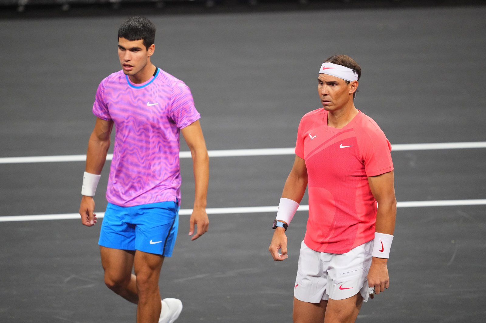 Carlos Alcaraz (L) and Rafael Nadal in action during The Netflix Slam at Michelob ULTRA Arena, Las Vegas, Nevada, U.S., March 3, 2024. (Getty Images Photo)