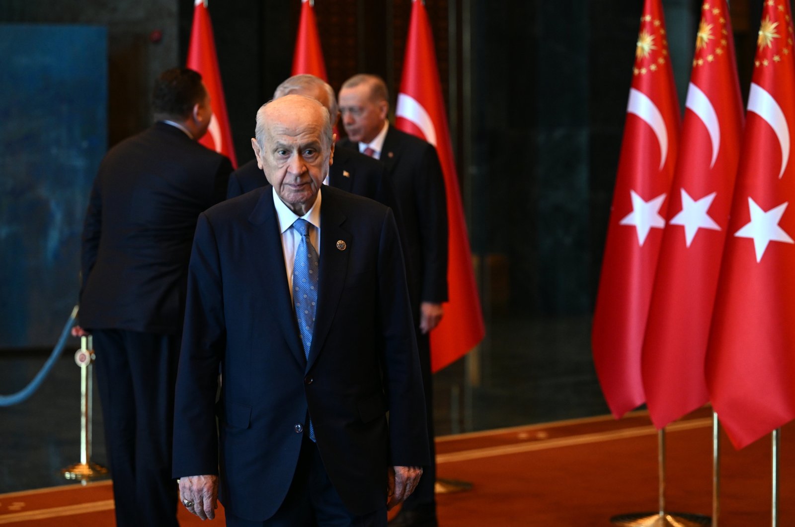 Nationalist Movement Party (MHP) Chairperson Devlet Bahçeli is seen after shaking hands with President Recep Tayyip Erdoğan at the Presidential Complex, Ankara, Türkiye, Aug. 30, 2023. (AA Photo)