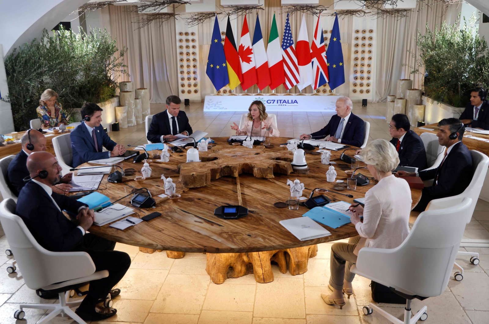 G7 leaders attend a work session at the Borgo Egnazia resort for the G7 Summit hosted by Italy in Apulia region, on June 13, 2024. (AFP Photo)