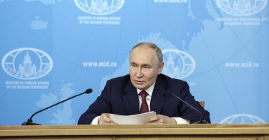  Russian President Vladimir Putin holds a meeting with the leadership of the Russian Foreign Ministry in Moscow, Russia, June 14, 2024. (EPA via Kremlin Handout)