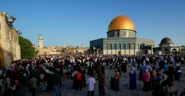Palestinians gather on the first day of the Muslim holiday of Eid al-Adha on the Al-Aqsa compound, also known to Jews as the Temple Mount, in Jerusalem's Old City, June 16, 2024. (Reuters Photo)