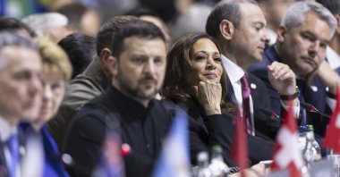 U.S. Vice President Kamala Harris (R-3) and Ukrainian President Volodymyr Zelenskyy attend the opening plenary session during the Summit on peace in Ukraine, Obbürgen, Switzerland, June 15, 2024. (AP Photo)