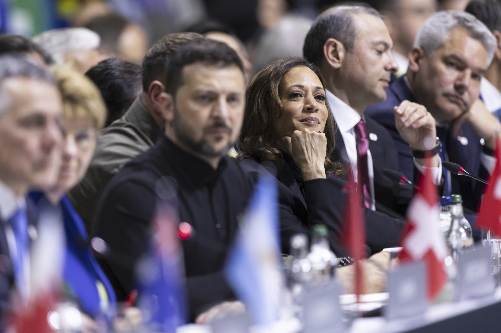 U.S. Vice President Kamala Harris (R-3) and Ukrainian President Volodymyr Zelenskyy attend the opening plenary session during the Summit on peace in Ukraine, Obbürgen, Switzerland, June 15, 2024. (AP Photo)